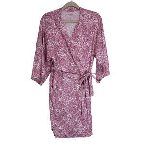 Garnet Hill Organic Green Cotton Asian Wrap Kimono Short Robe Pink Floral